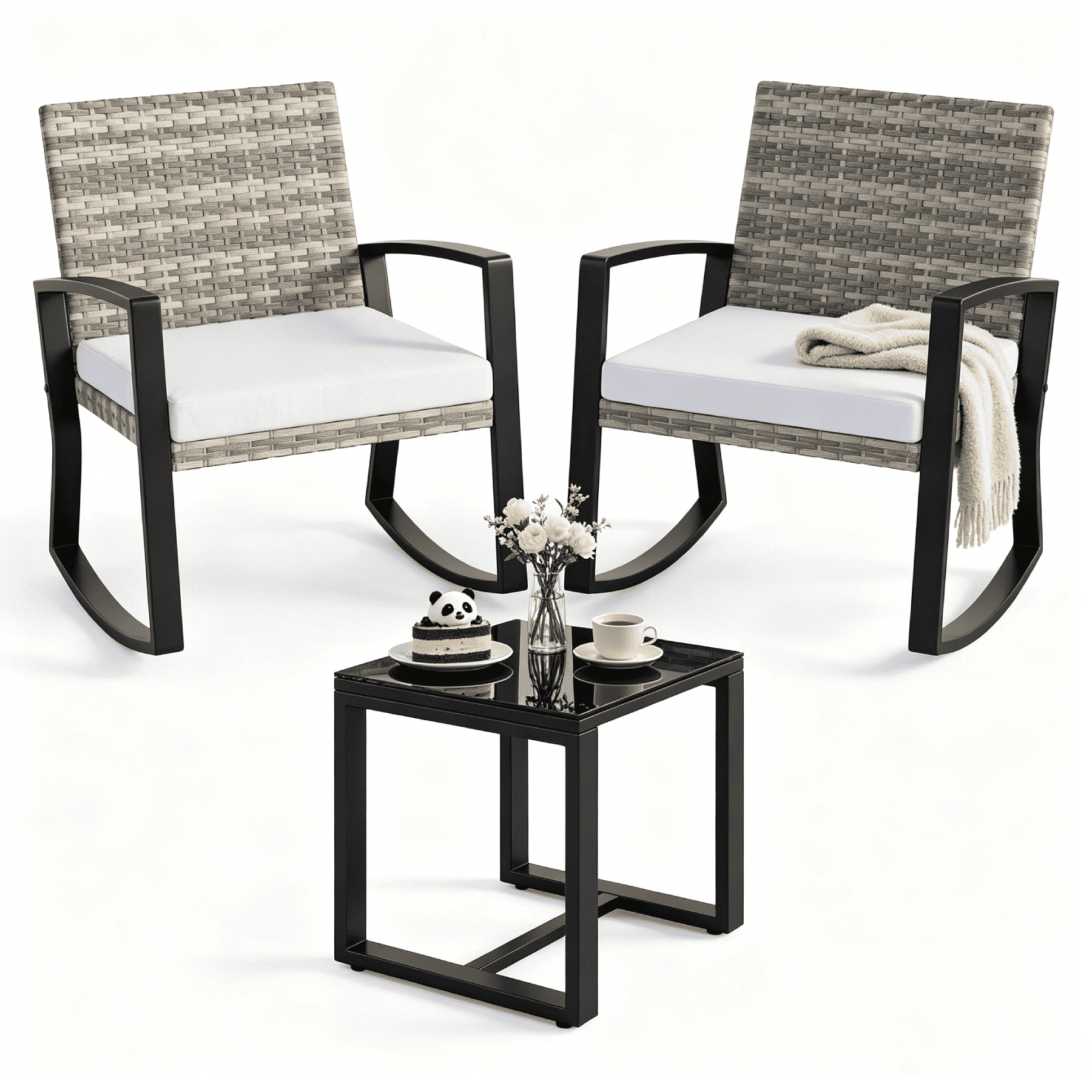 Lofka Patio Rocking Chairs Set with Glass Coffee Table, 3-Piece Outdoor Furniture Set for Balcony, PE Rattan, Light Gray