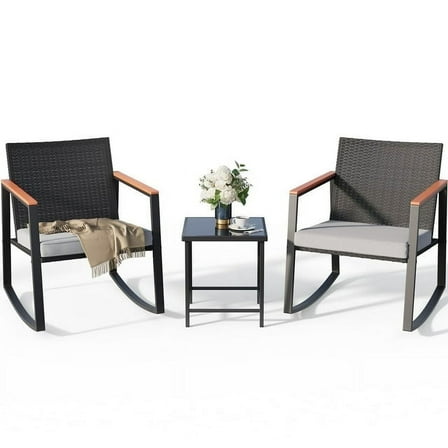 Lofka Patio Rocking Chairs Set with Glass Coffee Table, 3-Piece Outdoor Furniture Set for Balcony, PE Rattan, Gray