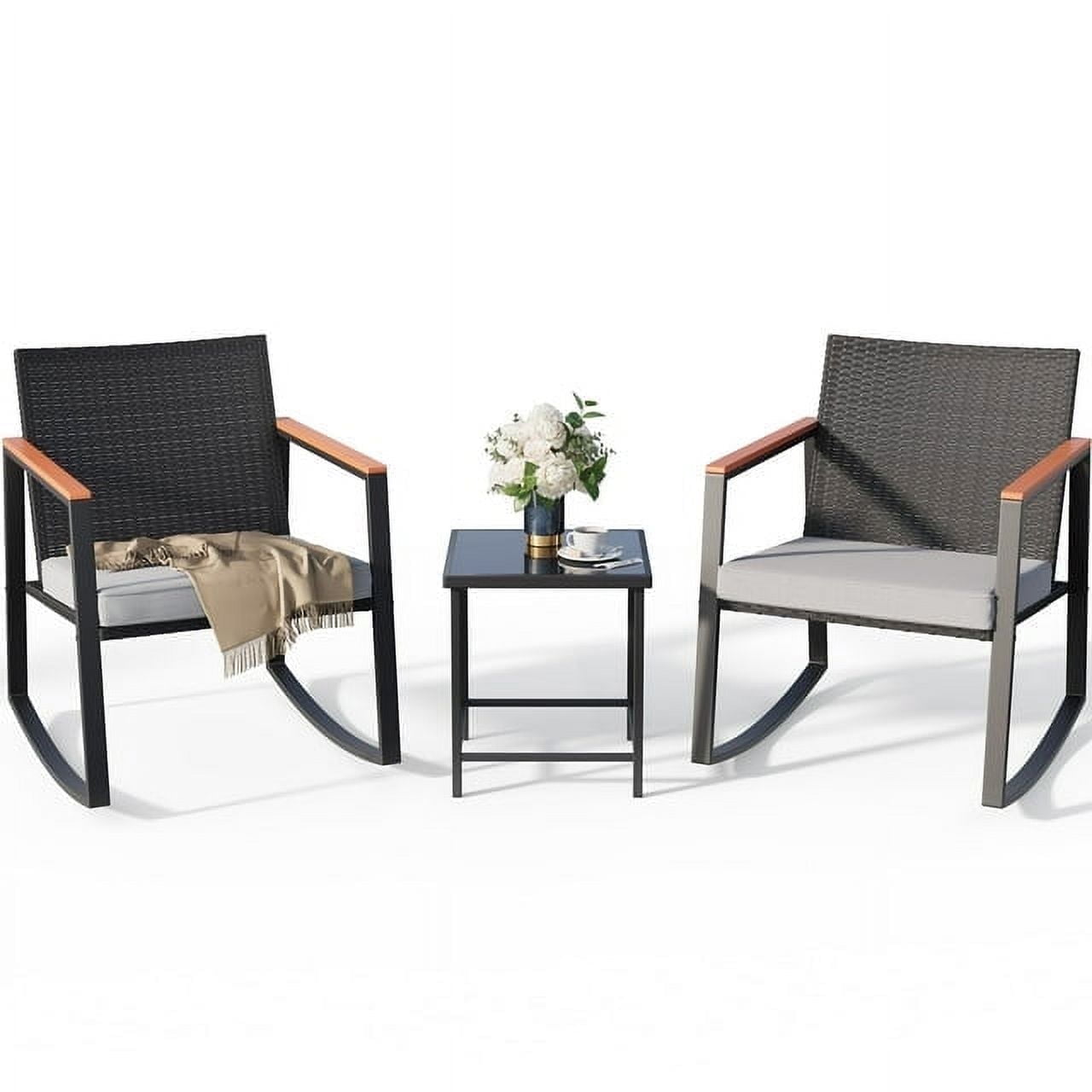 Walmart promo code:  Lofka 3-Piece Patio Rocking Chair Set with Glass Coffee Table, Outdoor Furniture, Iron and Rattan, Gray Cushion