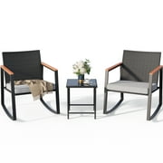 Lofka Patio Rocking Chairs Set with Glass Coffee Table, 3-Piece Outdoor Furniture Set for Balcony, PE Rattan, Light Gray