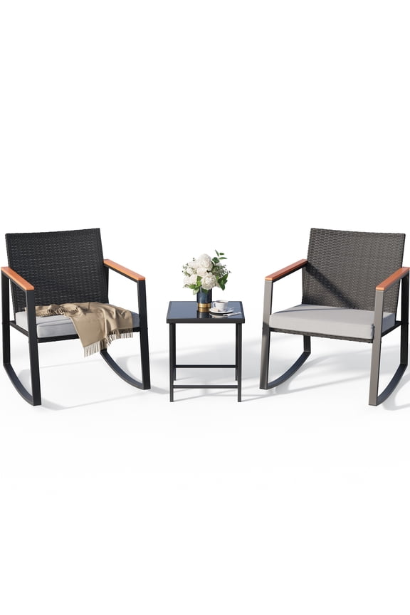 Patio Rocking Chairs Set with Glass Coffee Table, 3-Piece Outdoor Furniture Set for Balcony, PE Rattan, Light Gray