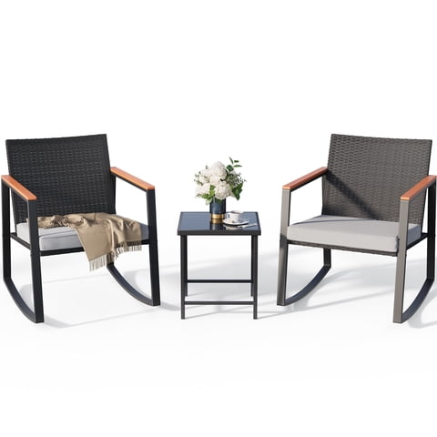 Lofka Patio Rocking Chairs Set with Glass Coffee Table, 3-Piece Outdoor Furniture Set for Balcony, PE Rattan, Light Gray