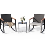 Lofka Patio Rocking Chairs Set with Glass Coffee Table, 3-Piece Outdoor Furniture Set for Balcony, PE Rattan, Light Gray