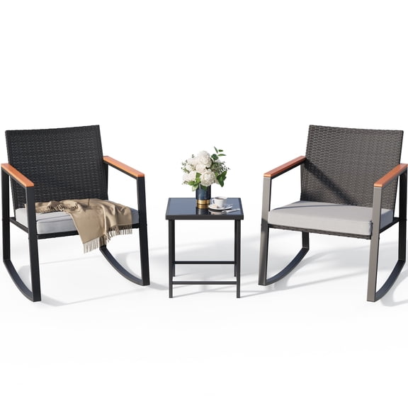 Lofka Patio Rocking Chairs Set with Glass Coffee Table, 3-Piece Outdoor Furniture Set for Balcony, PE Rattan, Light Gray