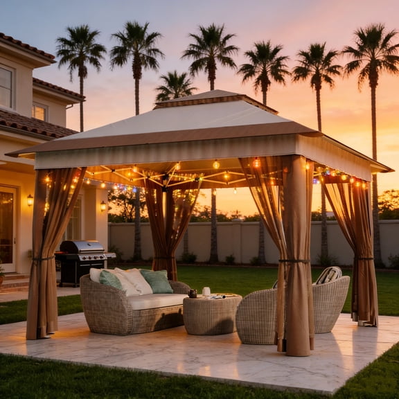 Lofka Pop Up Canopy, 11 x 11 FT Outdoor Gazebo Tent with Netting, Easy Installation, Beige