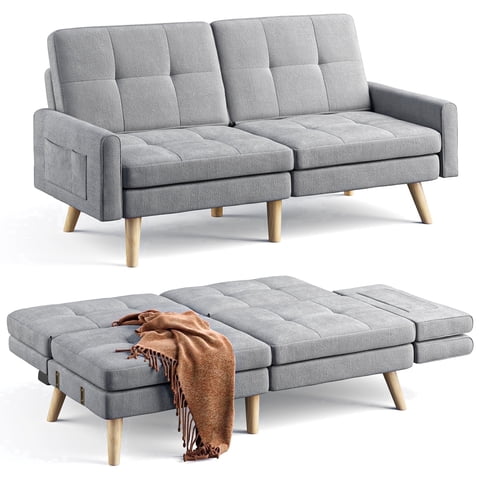 Lofka Futon Sofa Bed, 70.9" Loveseat 3in 1 Convertible Couch with Adjustable Backrest, Removable Armrest for Extended Length, Easy Assembly, Sleeper Couches for Living Room, Gray