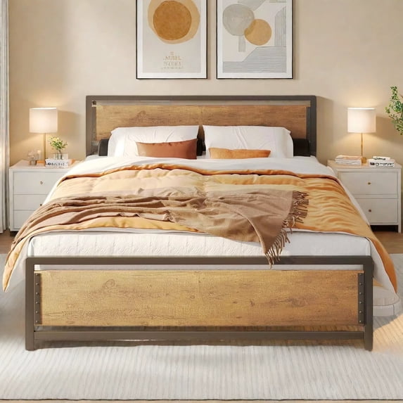 Lofka Queen Bed Frame, Camas Queen Size Metal Bed Frame with Headboard, Retro