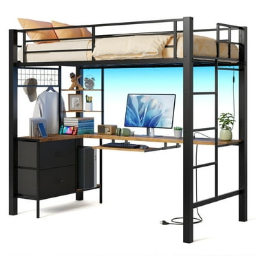 Loft Bed Frame with L-Shaped Writing Desk with Storage Drawers and Shelves, Lofka Twin Metal Bed with LED Lights and Charging Station, Retro Brown Board