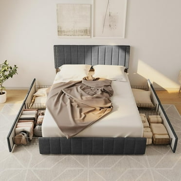 Lofka Queen Bed Frame with Adjustable Upholstered Headboard and 4 Storage Drawers Dark Gray