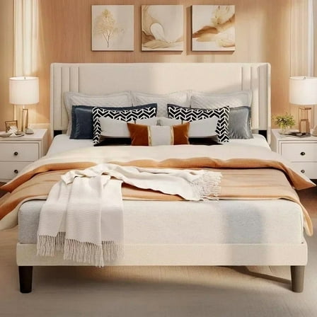 Lofka Queen Bed Frame with Headboard, Camas Queen Size Metal Frame Hold 850lbs, Beige