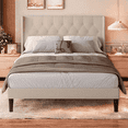 thumbnail image 1 of Lofka Queen Size Bed Frame with Upholstered Wingback Headboard Beige Finish, 1 of 10