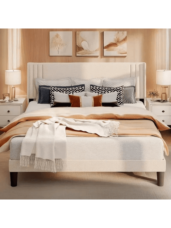 Queen Bed Frame with Wingback Headboard, Metal Bed Frame 850lbs Capacity, Noise-Free Under Bed Storage, Beige