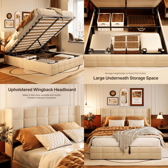 Lofka Queen Bed Frame with Lift-up Platform Storage, Metal Bed Frame and Wooden Slats, Beige