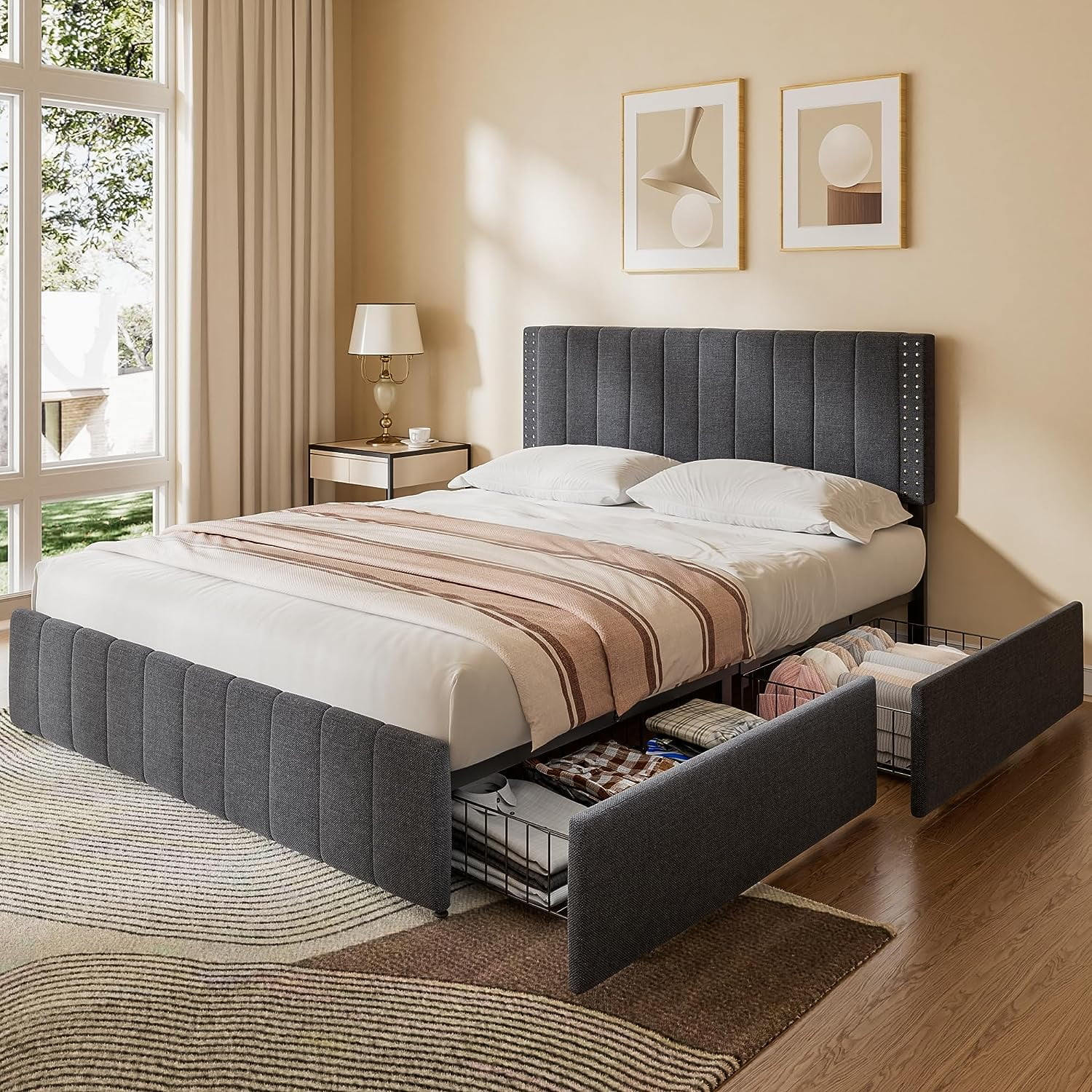 Lofka Queen Bed Frame with Storage Drawers, Queen Bed 880lbs, Dark Gray