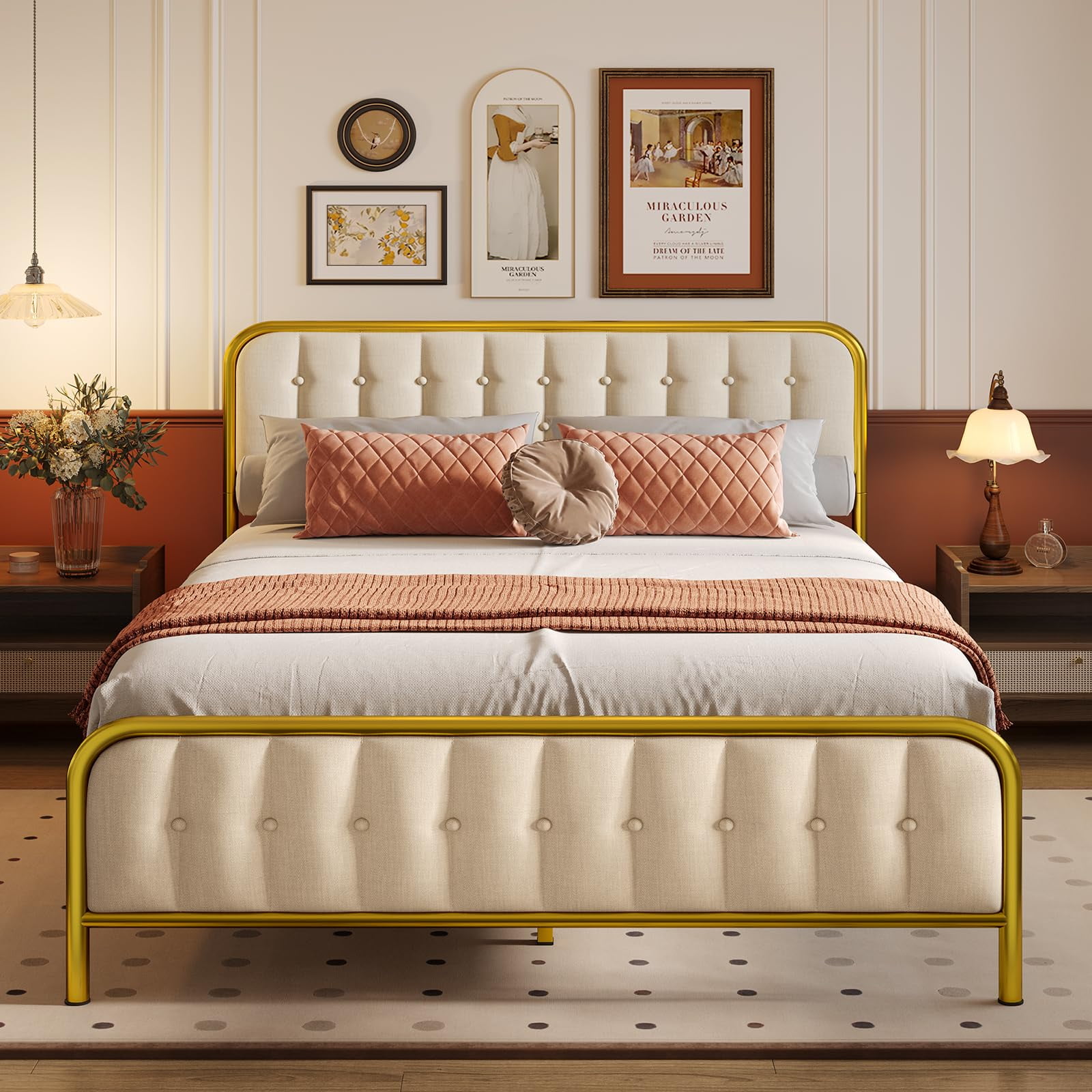 Lofka Queen Bed Frame with Upholstered Headboard and Sturdy Metal Bed