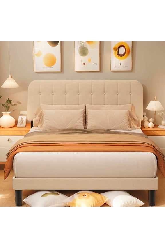 Bed Frame, Lofka Queen Size Platform Bed Frame with Adjustable Headboard and Middle Support Leg, Sturdy and Noise-Free, 850lbs, Beige