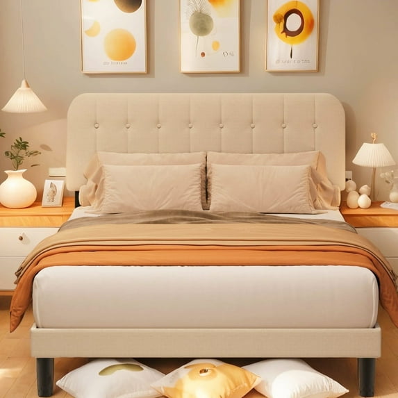 Bed Frame, Lofka Queen Size Platform Bed Frame with Adjustable Headboard and Middle Support Leg, Sturdy and Noise-Free, 850lbs, Beige