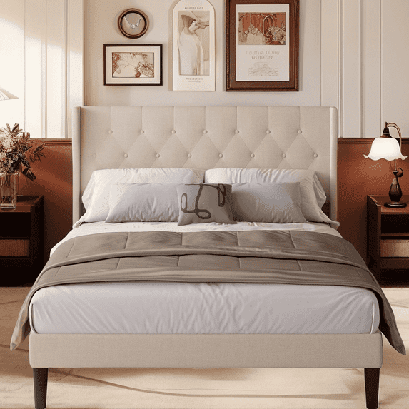Lofka Queen Bed Frame with Wingback Headboard, Metal Bed Frame with Wooden Slats, Under Bed Storage, Beige