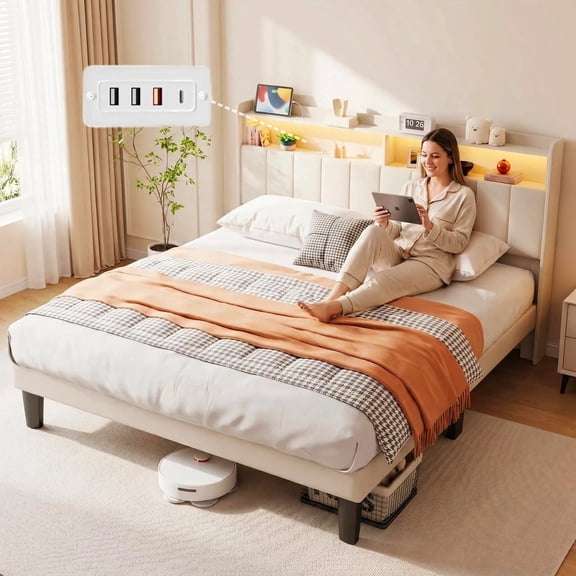 Queen Size Upholstered Bed Frame with LED Storage Headboard, Lofka Beige Linen Platform Bed with USB/Type-C Charging, Smart RGB Lights, No Box Spring Needed