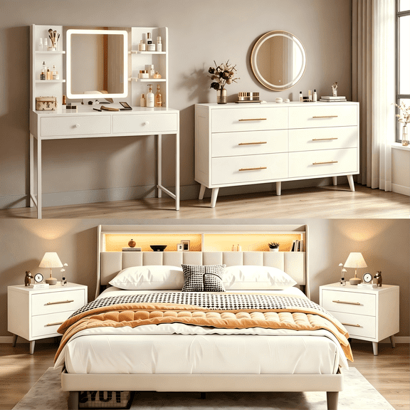Lofka Queen Bedroom Furniture Set, LED Bed Frame with Charging Station, Nightstands, Vanity & 6-Drawer Chest