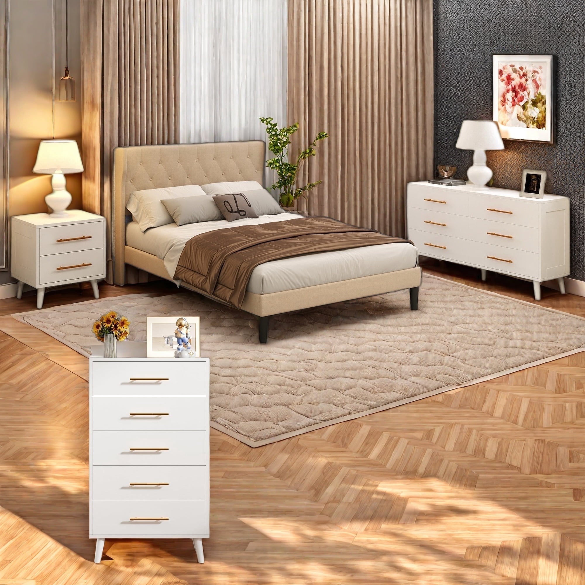 Lofka Queen Bedroom Furniture Set with Wingback Bed Frame, 2-Drawer Nightstand, 5-Drawer Dresser, 6-Drawer Dresser