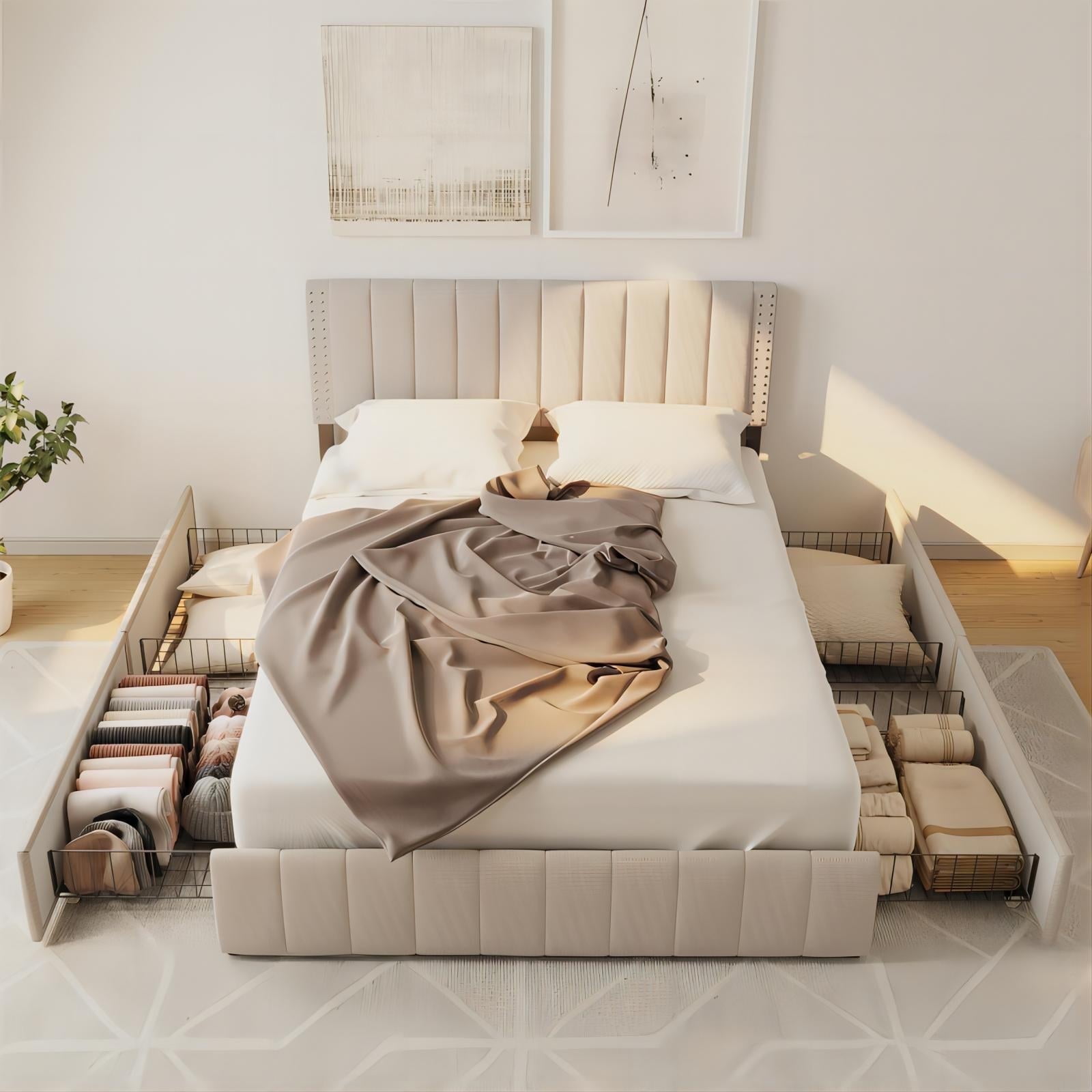 Queen Bed Frame, Lofka Queen Size Bed with Upholstered Headboard and 4 Storage Drawers for Home|Apartment, Dark Gray