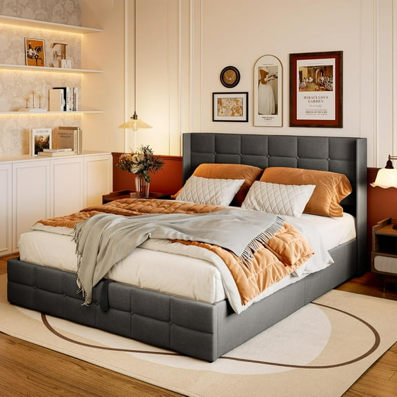 Lofka Queen Lift Up Storage Bed Queen, Upholstered Platform Bed Frame with Modern Wingback Headboard, Hydraulic Support, No Box Spring Needed, Grey