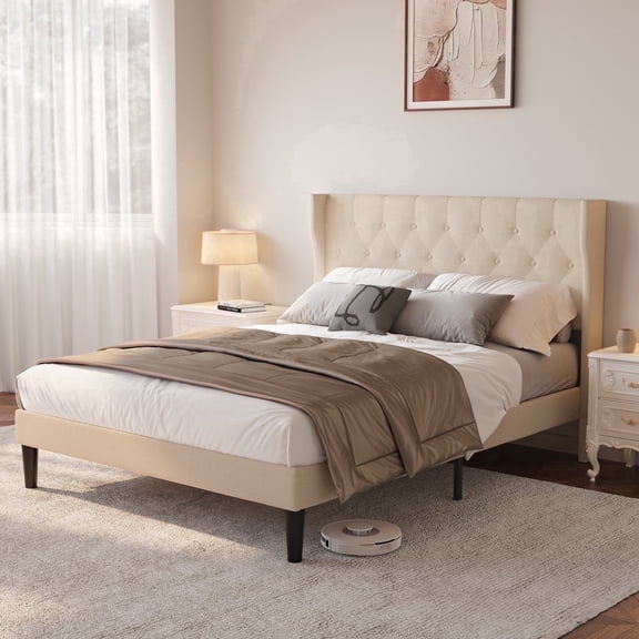 Lofka Queen Size Bed Frame with Wingback Headboard, Upholstered Platform Bed Frame in Beige