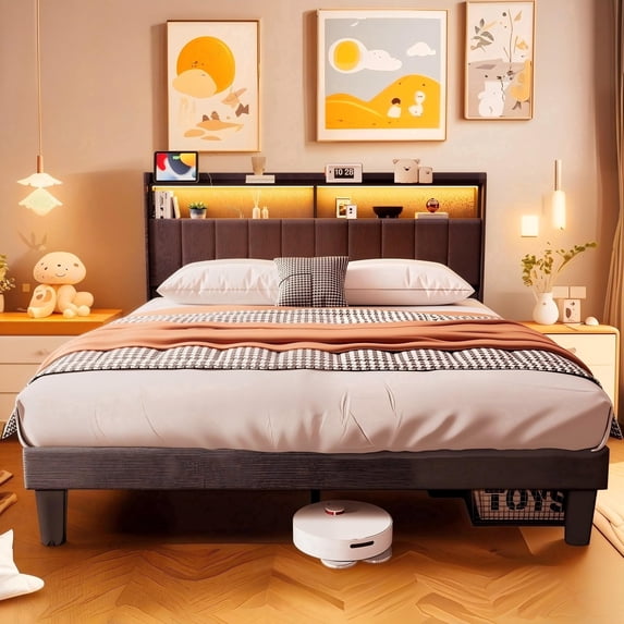Lofka Queen Bed Frame Upholstered Storage Headboard with Smart Alarm Clock, USB Charging, 6000 RGB LED Lights, 850lbs, Dark Gray