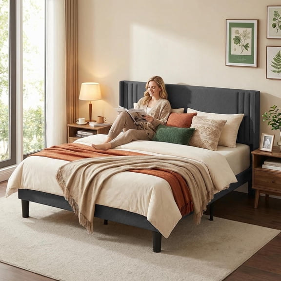 Lofka Queen Size Bed Frame with Upholstered Wing Back Headboard for Bedroom, Dark Gray Finish