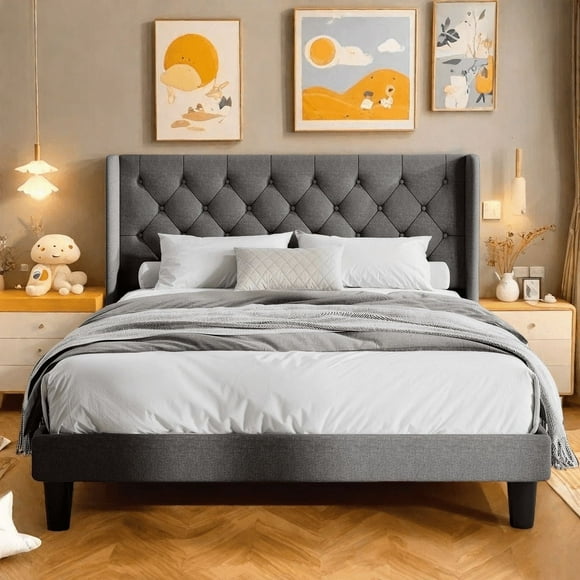 Lofka Queen Size Bed Frame with Upholstered Wing Back Headboard for Bedroom, Dark Gray Finish