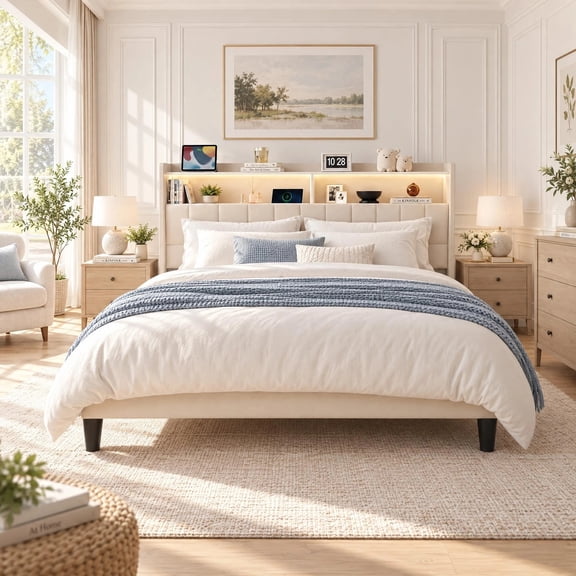 Lofka Queen Size Bed Frame with Lighted Storage Headboard Beige Finish