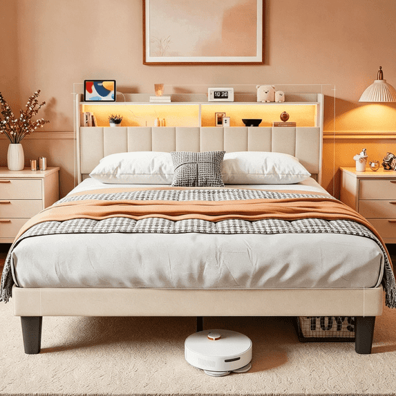 Lofka Queen Size Bed Frame with Lighted Storage Headboard Beige Finish