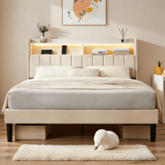 Lofka Queen Size Bed Frame with 60,000 RGB LED Lights and Charging Station, Upholstered Storage Headboard with Sturdy Center Bar, 850LBS, Beige Finish