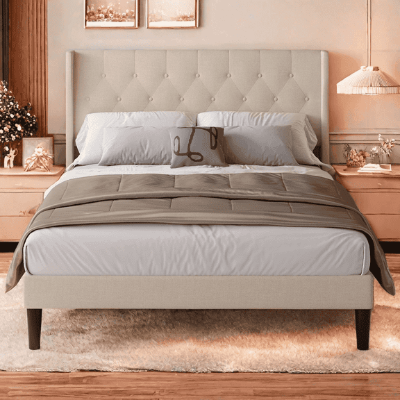 Lofka Queen Size Bed Frame with Upholstered Wingback Headboard Beige Finish