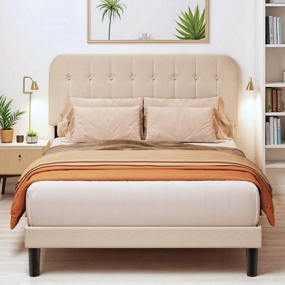 Lofka Bed Frame Queen, Upholstered Platform Bed with Headboard, No Box Spring Needed/Easy Assembly, Beige