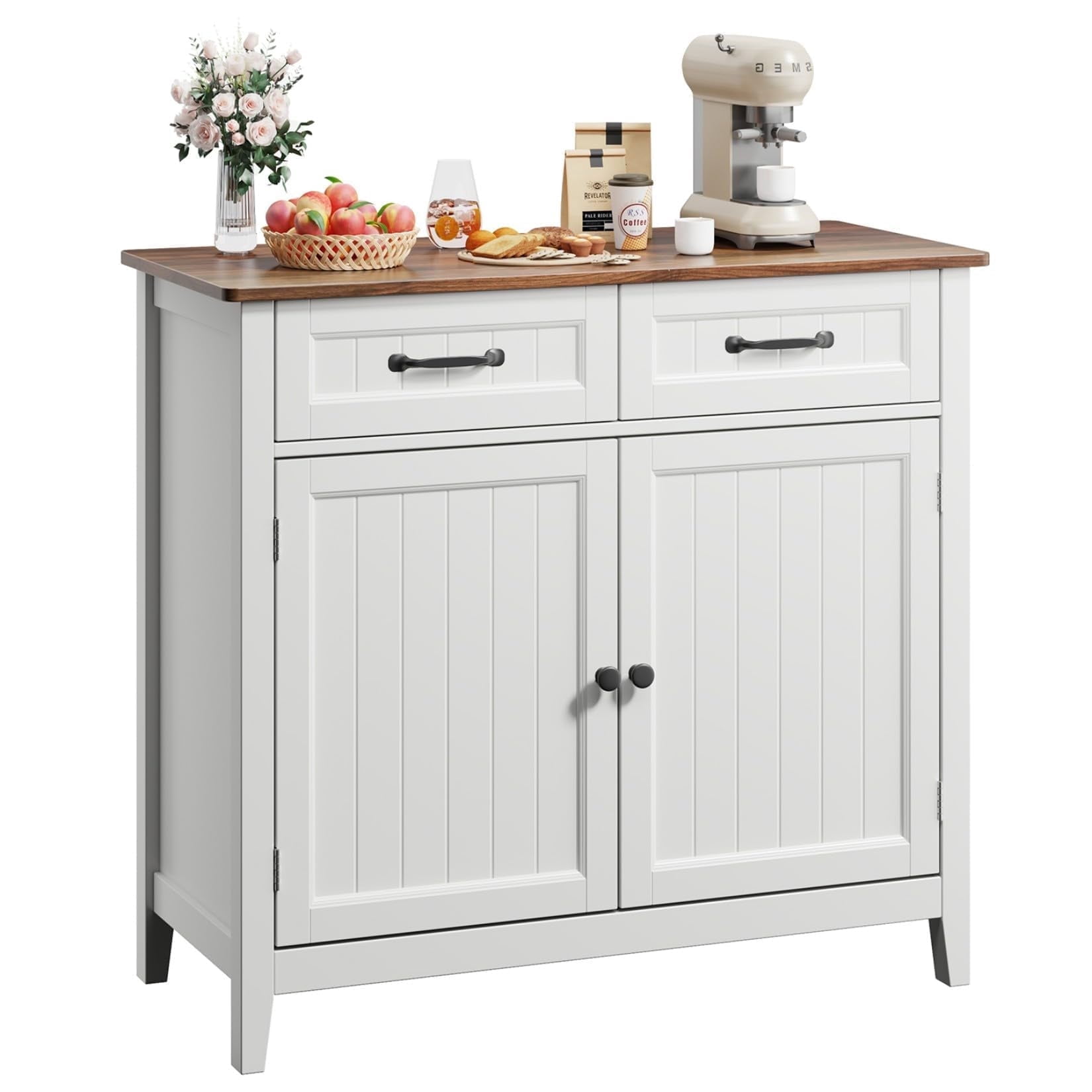 Coffee Bar, Lofka 35.4” Farmhouse Buffet Sideboard and Storage Cabinet with 2 Drawers for Kitchen & Living Room, Retro Brown