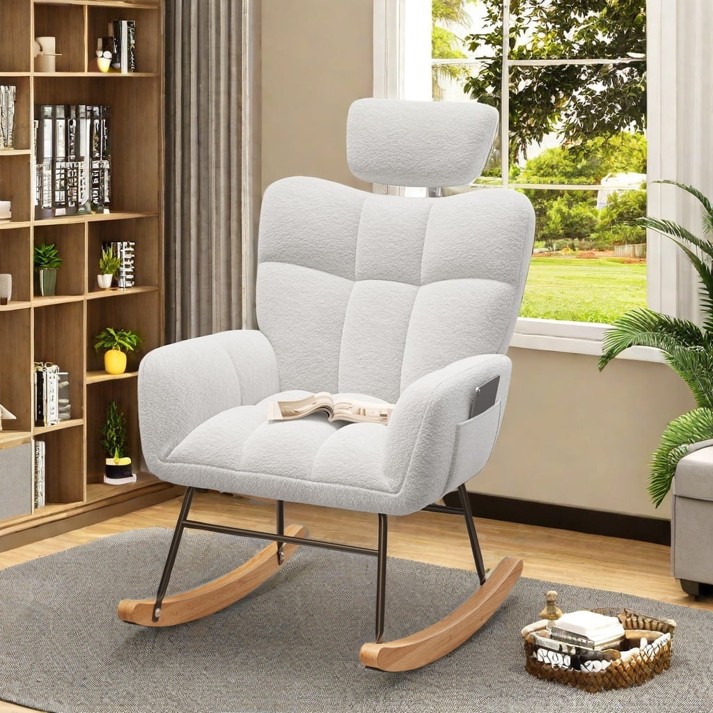 Rocking Chair, Lofka Newest Accent Chair with Adjustable Headrest, Teddy Upholstered  Living Room Chairs for Autumn, Winter, White