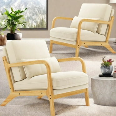 Lofka Beige Accent Chair - Modern Ergonomic Reading Chair with Memory Foam, Linen Fabric, Sturdy Wood Frame - for Living Room, Bedroom, Office, Nursery (300lb Capacity)