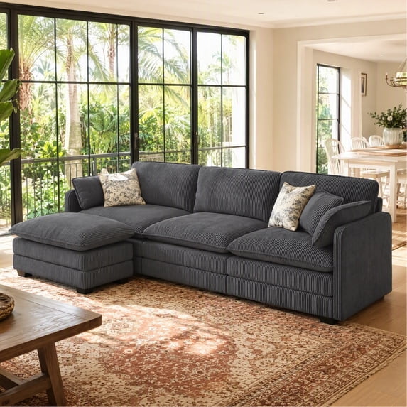 Sofa, L-Shaped Sofa Couch with Deep Seat and Movable Footrest Sofa for Office|Living Room, Gray