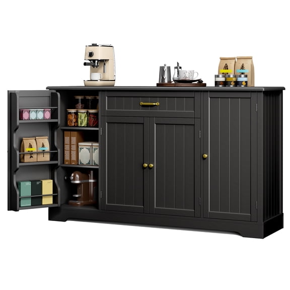 Lofka Sideboard Buffet Cabinet, 56" Upgraded Extended Version, Kitchen Storage & Coffee Bar Cabinet with 14 Shelves, 1 Drawer (Black)