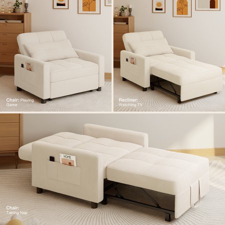 Lofka Single Sofa Bed, Convertible Recline with 3 Level Adjustable Backrest, Chair Bed with Wheels & Storage Pocket for Small Space|Living Room|Bedroom, White