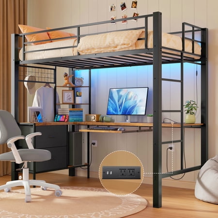 Lofka Twin Loft Bed with Desk, Smart RGB Lighting, 2 Outlets & USB Ports, Industrial Metal Frame, 400lb Weight Limit, Includes Storage, Black