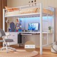 thumbnail image 1 of Twin Loft Bed with Desk, Lofka L-Shaped Computer Desk with RGB Lights & USB Charging, Industrial Metal Frame, 400lb Capacity, with Shelves & Drawers, Easy Assembly, White, 1 of 12