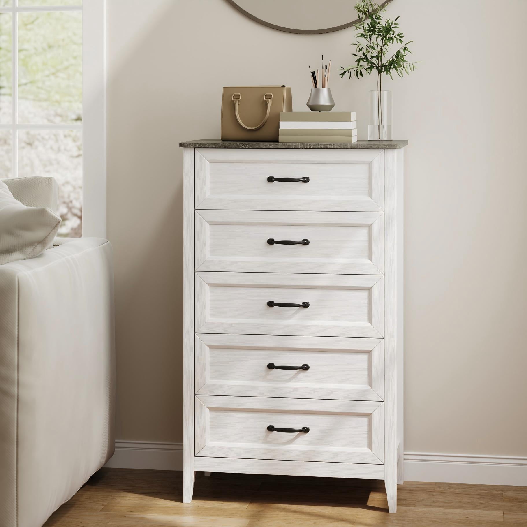 Lofka Wood Dresser with 5 Drawer, Bedroom Storage Chest with Large Storage Capacity, Tall Dresser and Organizer for Bedroom, Living, Hallway, Gray