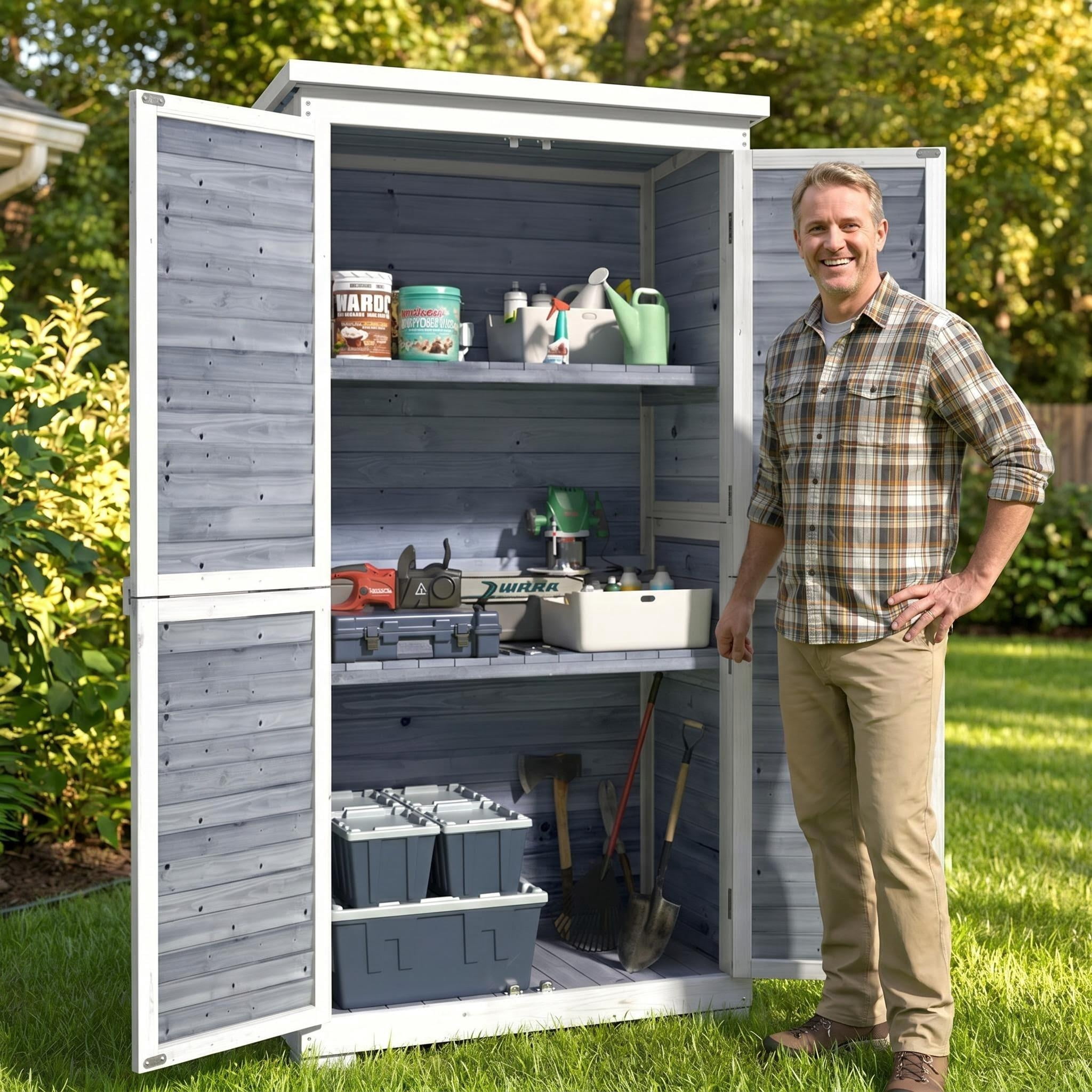 Outdoor Storage Cabinet, Lofka Wood Garden Storage Shed with Ventilate Shutter and Asphalt Roof, Grey
