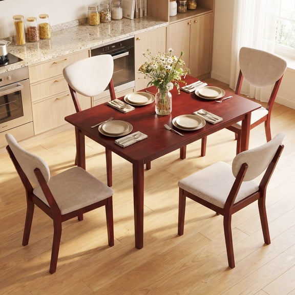Lofka Wooden Kitchen Dining Set for 4,  Mid-Century Table and Chair Set with Rubberwood Legs for Small Spaces,Walnut and Gray