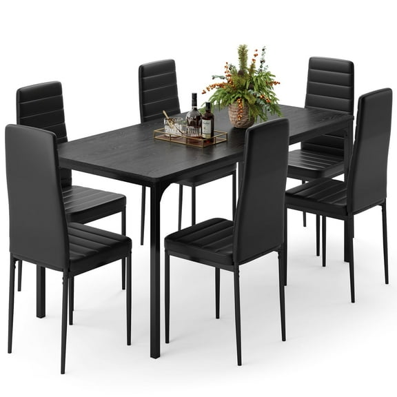 Dining Table Set for 6, Lofka 7 Piece Wooden Kitchen Table Set with 6 Upholstered PU Leather Chairs for Dining Room, Living Room, Apartment, Small Space,Black