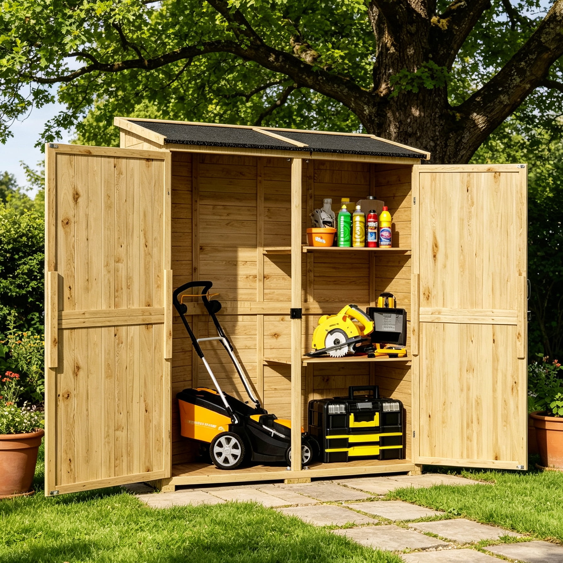 Lofka Wooden Outdoor Storage Shed with Asphalt Roof, Solid Fir Wood Garden Cabinet, Natural