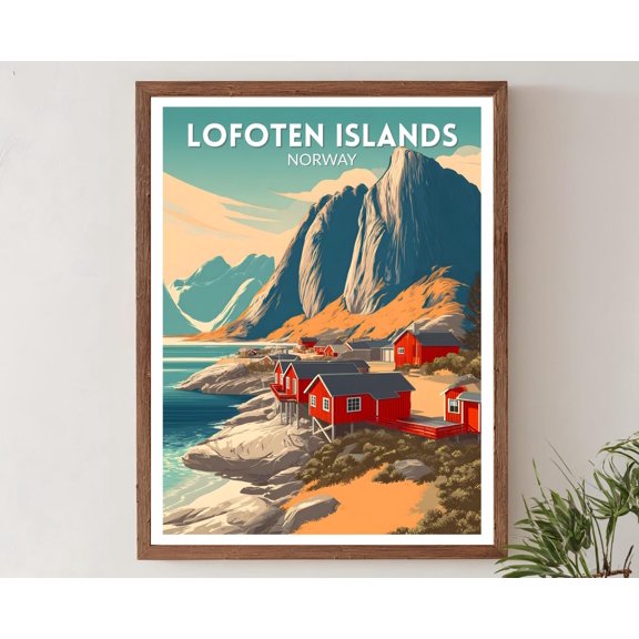 Lofoten Islands Norway Retro Travel Poster, Mountain Coast Decor, Unframed Paper Poster 8x10in